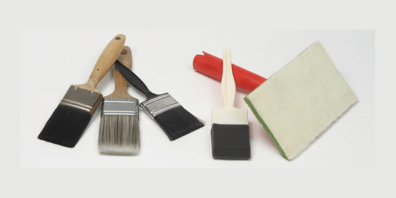 Left to right: chisel-edged, natural-bristle brush; chisel-edged, synthetic-bristle brush; square-edged, synthetic-bristle brush; foam brush; paint pad.